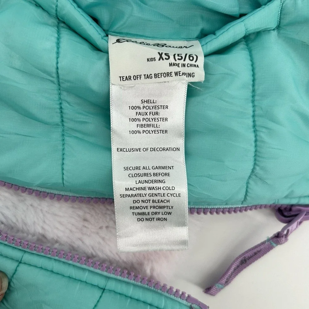 Eddie Bauer‎ Girls Reversible Jacket XS 5/6 Teal Sherpa Hooded Coat